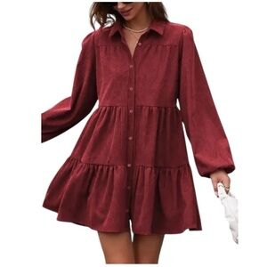 HYFVE Burgundy Tiered Long Sleeve Button-Up Shirt Dress. Size Large.